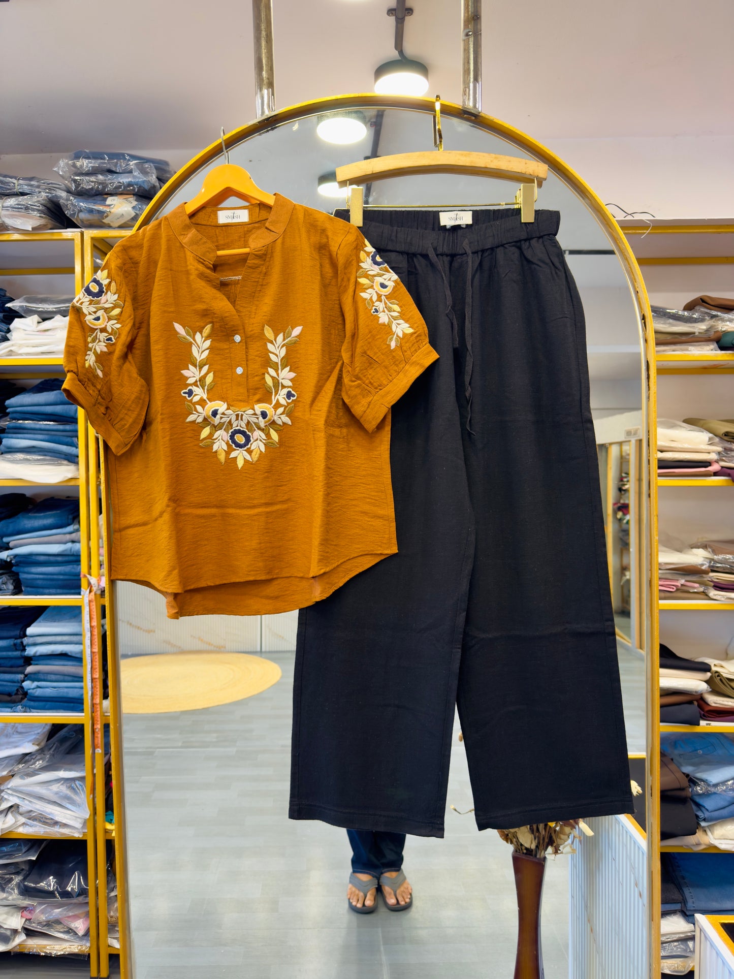 RUST EMBROIDERY TOP WITH LINEN COMFORTABLE PANT SET