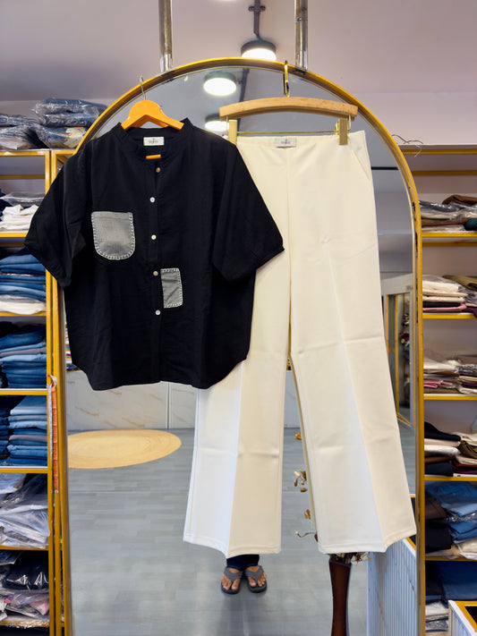BLACK CHEX POCKET  TOP WITH BELL BOTTOM COMFORTABLE TROUSER PANT SET