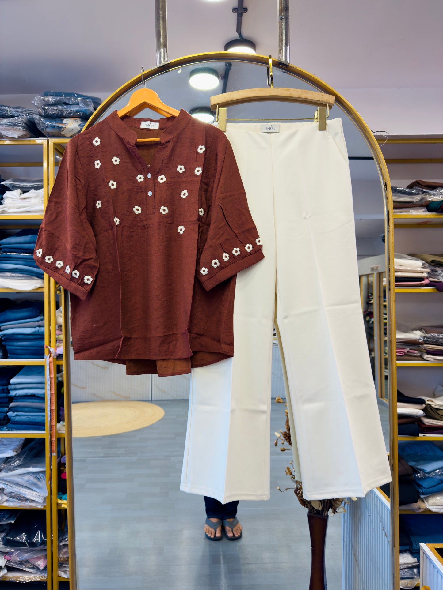 DARK RUST EMBROIDERY TOP WITH BELL BOTTOM COMFORTABLE TROUSER PANT SET