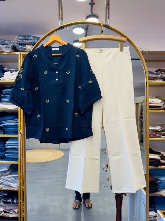 NAVY BLUE  EMBROIDERY TOP WITH BELL BOTTOM COMFORTABLE TROUSER PANT SET