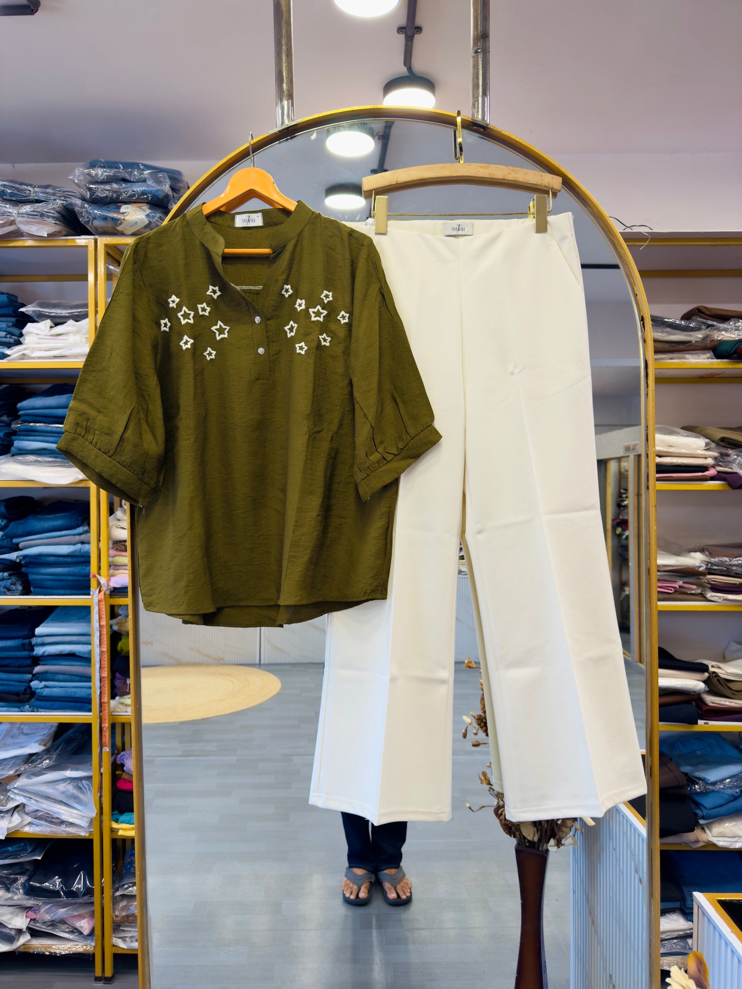 DARK GREEN STAR  EMBROIDERY TOP WITH BELL BOTTOM COMFORTABLE TROUSER PANT SET
