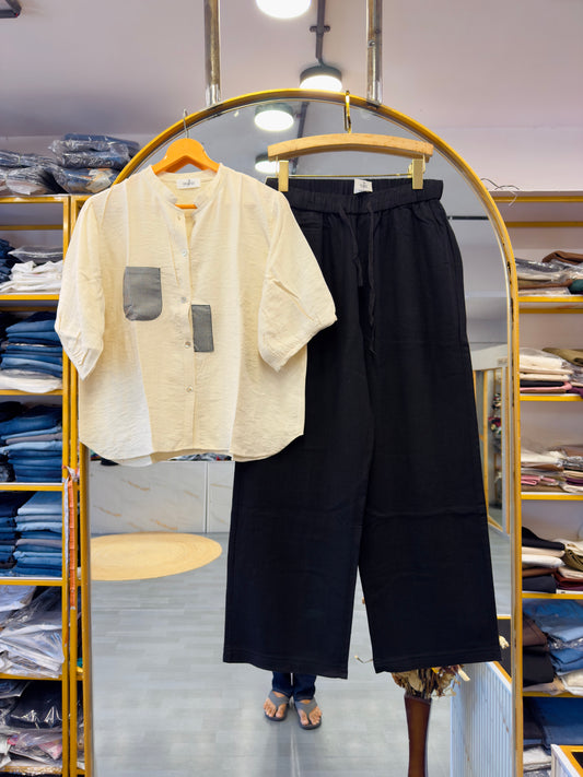 OFF WHITE CHEX POCKET TOP WITH LINEN COMFORTABLE PANT SET