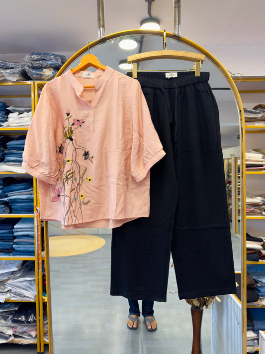 PINK EMBROIDERY TOP WITH LINEN COMFORTABLE PANT SET