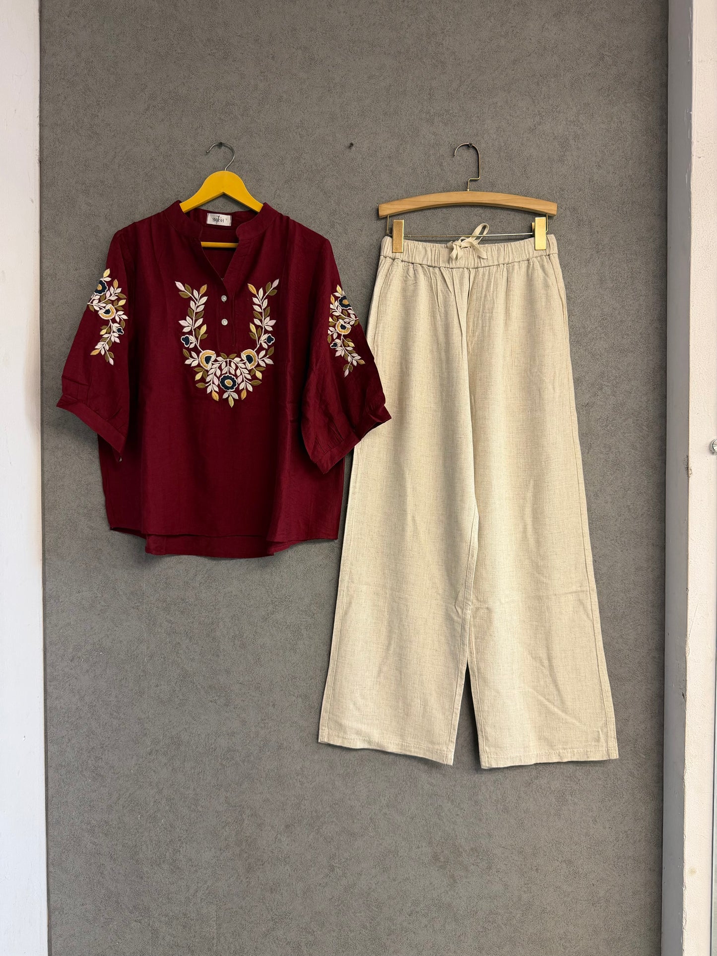 MAROON EMBROIDERY TOP WITH LINEN COMFORTABLE PANT SET