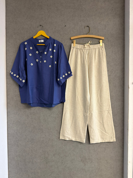 FLOWERS EMBROIDERY TOP WITH LINEN COMFORTABLE PANT SET
