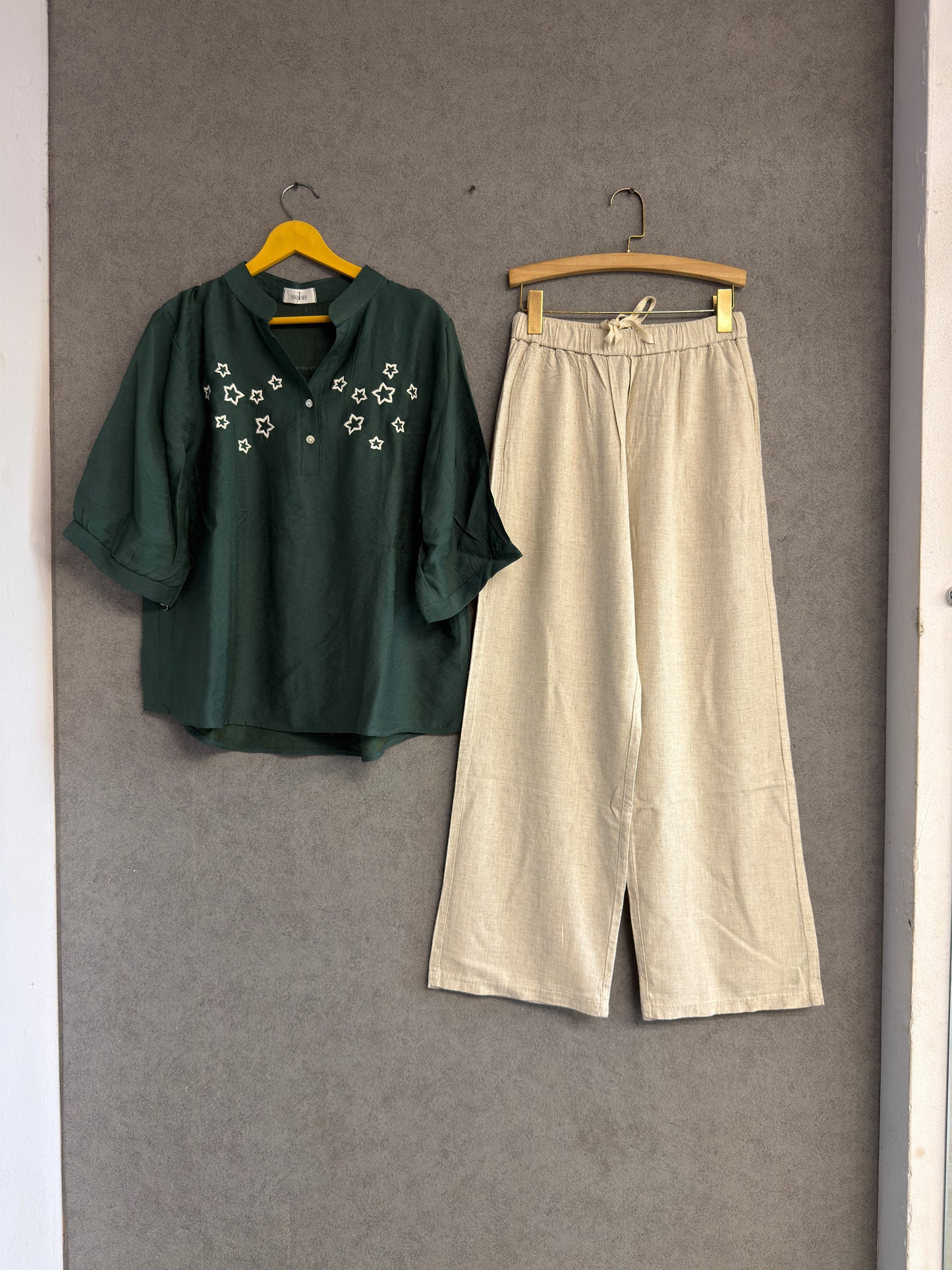 STAR EMBROIDERY TOP WITH LINEN COMFORTABLE PANT SET