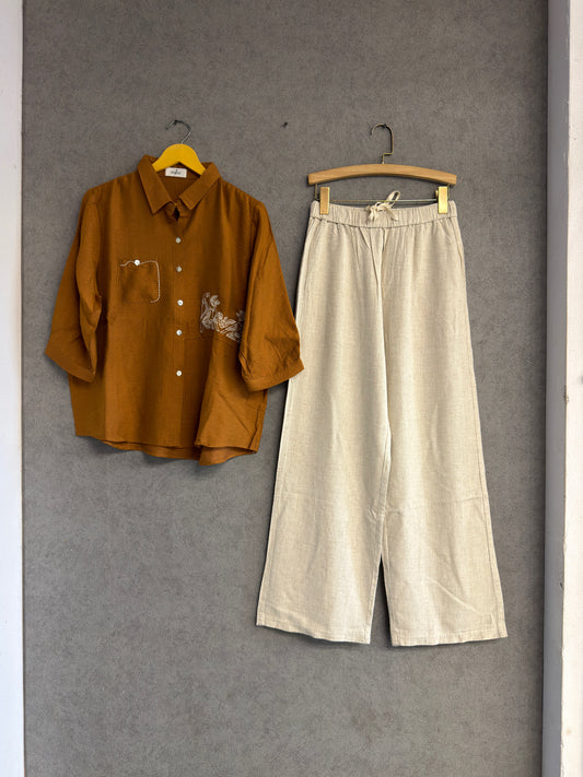 EMBROIDERY SHIRT WITH LINEN COMFORTABLE PANT SET