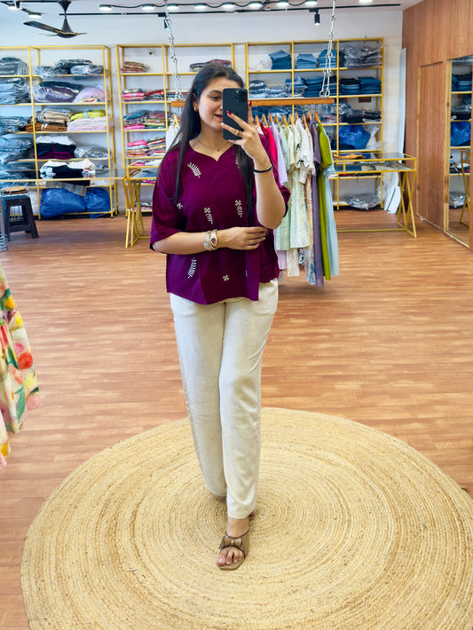 WINE  EMBROIDERY TOP WITH LINEN COMFORTABLE TROUSER PANT SET