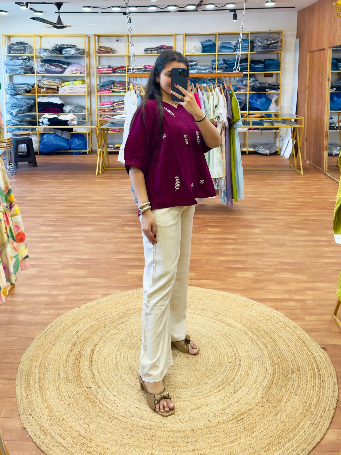 WINE  EMBROIDERY TOP WITH LINEN COMFORTABLE TROUSER PANT SET