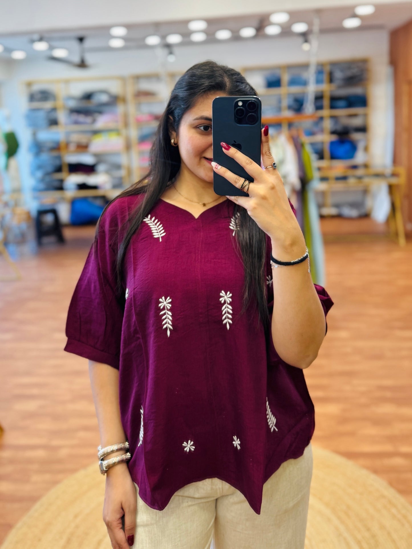 WINE  EMBROIDERY TOP WITH LINEN COMFORTABLE TROUSER PANT SET