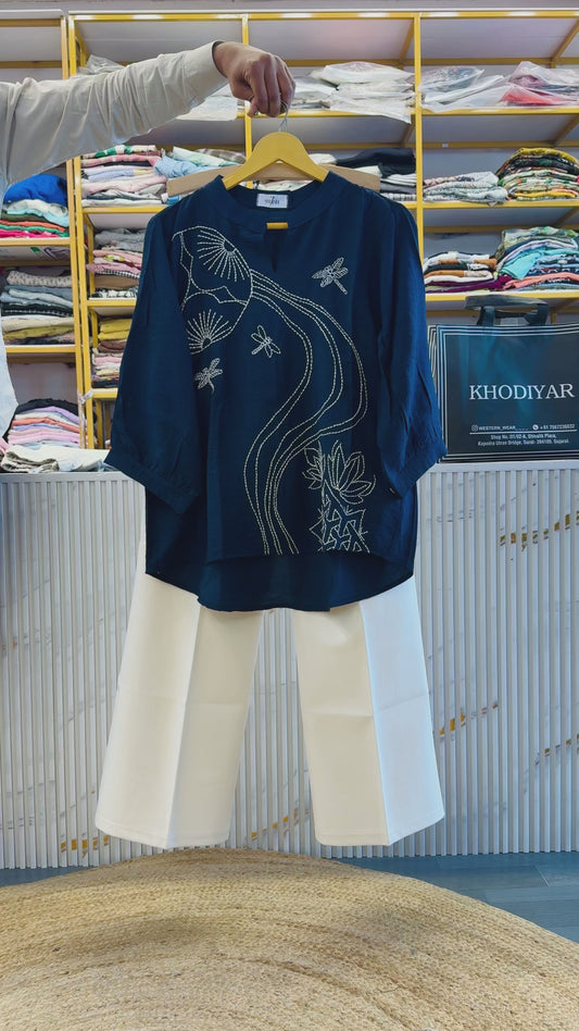 NAVY BLUE  EMBROIDERY TOP WITH COMFORTABLE BELL BOTTOM PANT SET