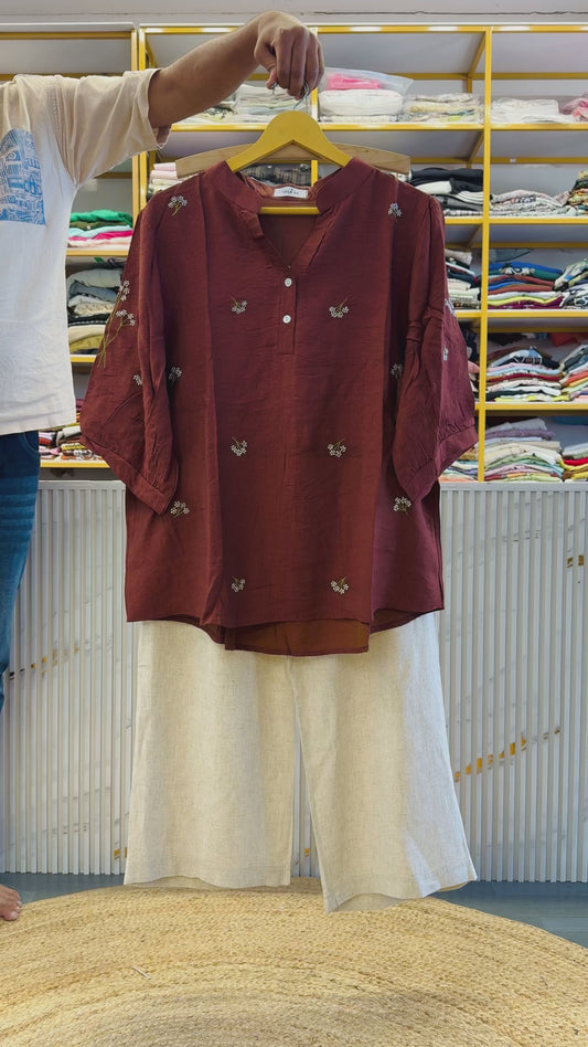DARK RUST  EMBROIDERY TOP WITH COMFORTABLE LINEN PANT SET