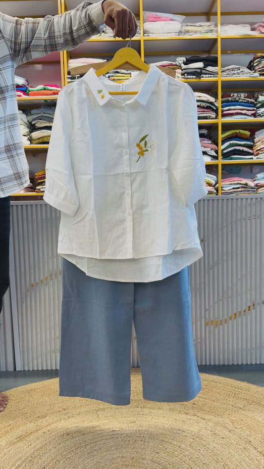 WHITE MUL COTTON EMBROIDERY SHIRT WITH COMFORTABLE LINEN PANT SET L