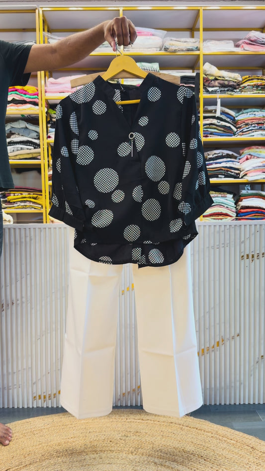 BLACK PRINT TOP  WITH BELL BOTTOM COMFORTABLE TROUSER PANT SET