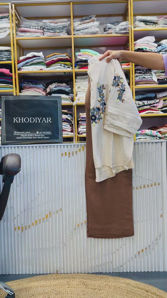 WHITE EMBROIDERY TOP WITH LINEN COMFORTABLE TROUSER PANT SET
