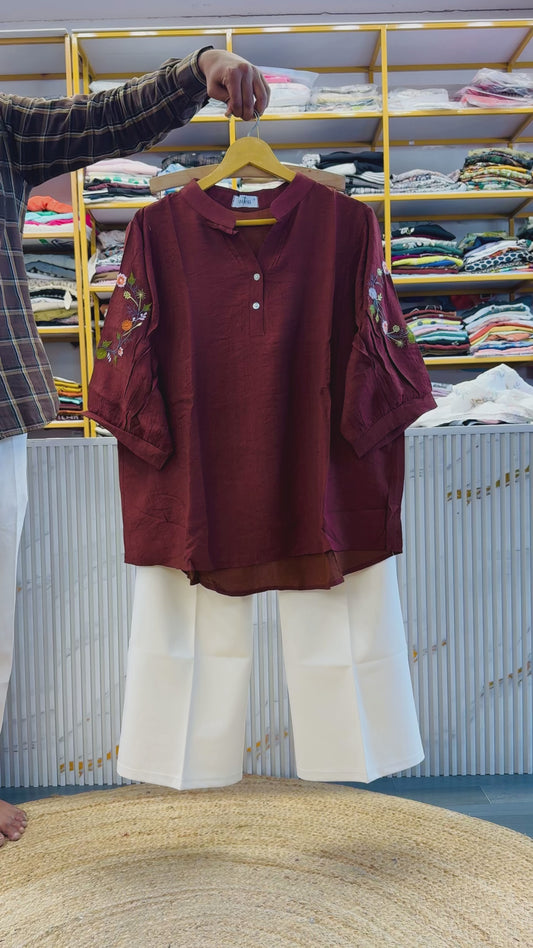 RUST EMBROIDERY TOP WITH BELL BOTTOM COMFORTABLE TROUSER PANT SET