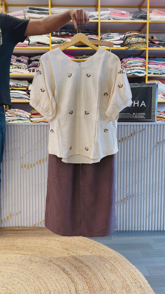 OFF WHITE  EMBROIDERY TOP WITH BELL BOTTOM COMFORTABLE TROUSER PANT SET