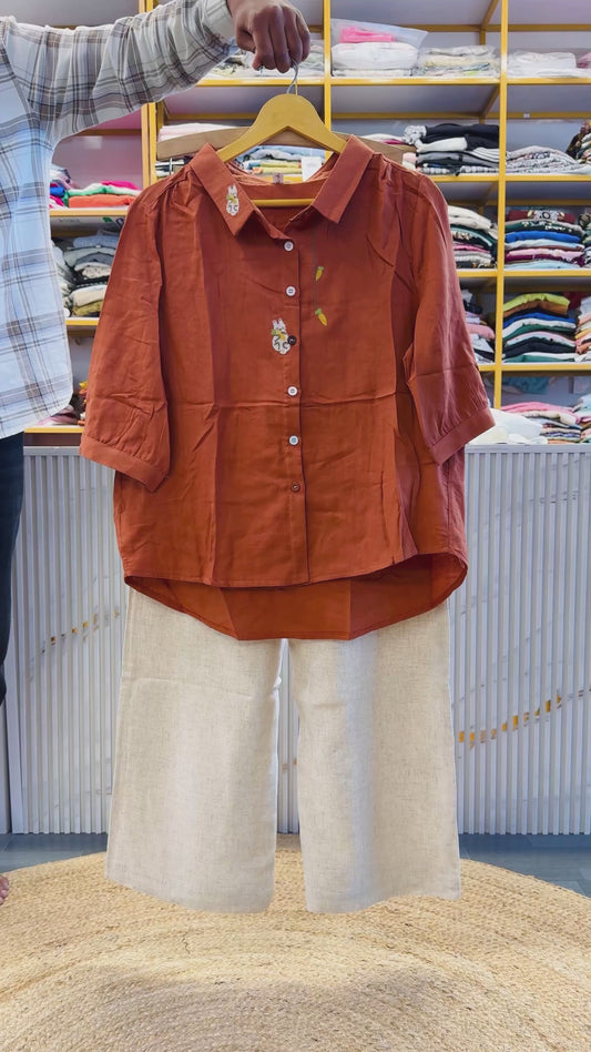 RUST MUL COTTON EMBROIDERY SHIRT WITH COMFORTABLE LINEN PANT SET