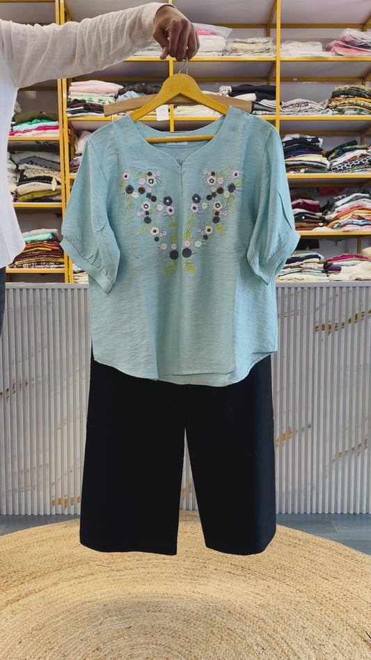 LIGHT BLUE EMBROIDERY TOP WITH LINEN COMFORTABLE TROUSER PANT SET
