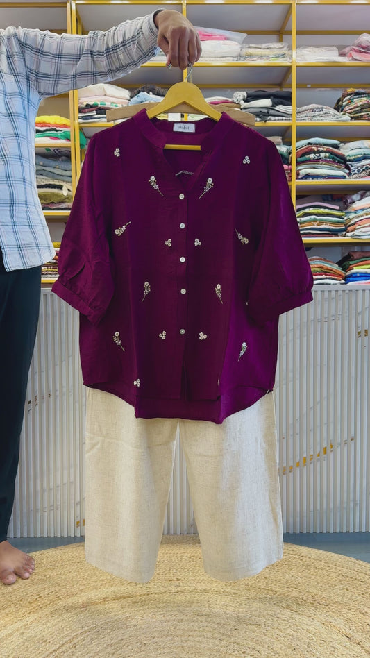 WINE  EMBROIDERY TOP WITH LINEN COMFORTABLE TROUSER PANT SET