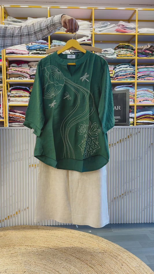 BOTTLE GREEN  EMBROIDERY TOP WITH COMFORTABLE LINEN PANT SET