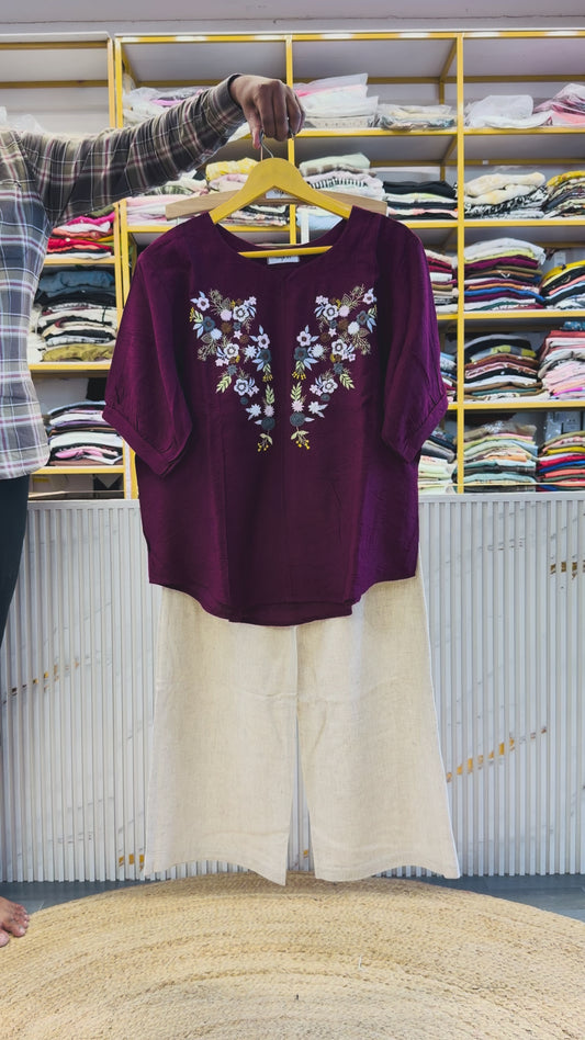 PURPLE EMBROIDERY  TOP WITH LINEN COMFORTABLE PANT SET