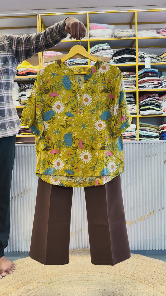 COTTON PRINTED TOP WITH BELL BOTTOM COMFORTABLE TROUSER PANT SET