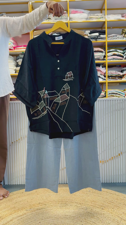 BLACK EMBROIDERY TOP WITH LINEN COMFORTABLE TROUSER PANT SET