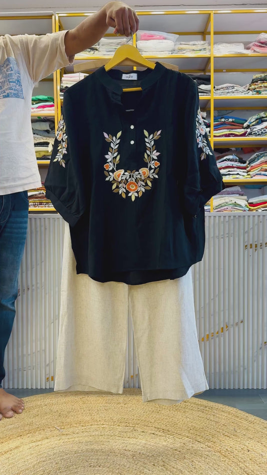 BLACK  EMBROIDERY TOP WITH COMFORTABLE LINEN PANT SET