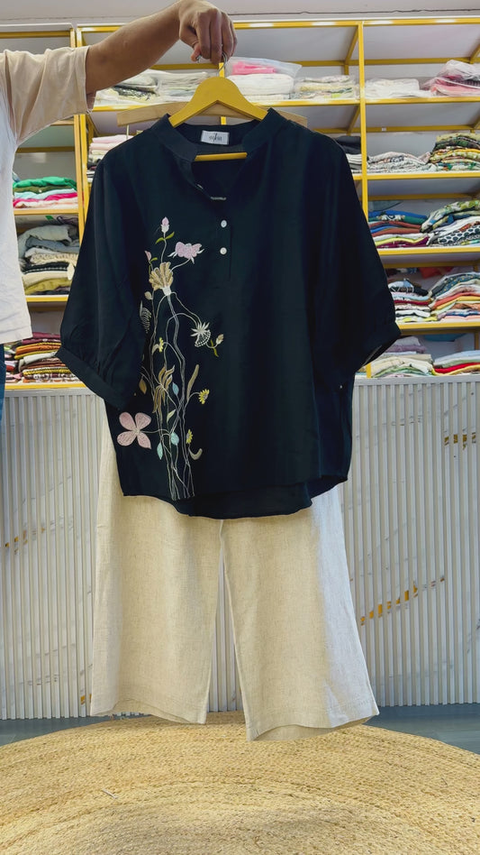 BLACK EMBROIDERY TOP WITH LINEN COMFORTABLE TROUSER PANT SET