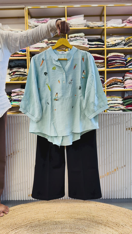 BUNNY EMBROIDERY TOP WITH BELL BOTTOM COMFORTABLE TROUSER PANT SET (Copy)