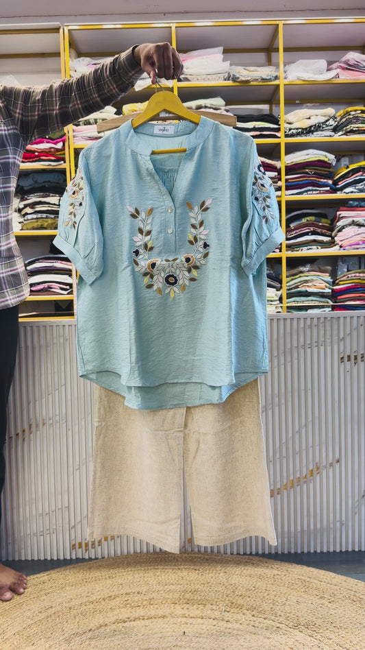 EMBROIDERY  TOP WITH LINEN COMFORTABLE PANT SET