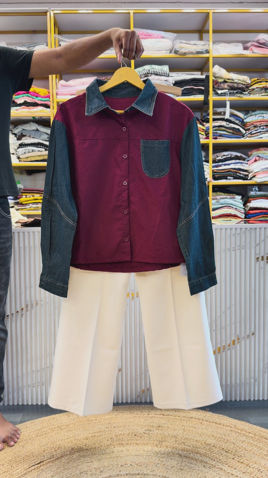 DENIM SLEEVE POCKET SHIRT WITH BELL BOTTOM COMFORTABLE TROUSER PANT SET