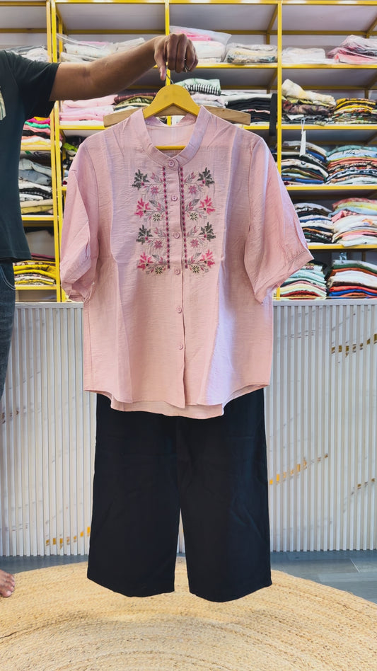COTTON VISCOUS EMBROIDERY SHIRT CUM TOP WITH LINEN COMFORTABLE TROUSER PANT SET