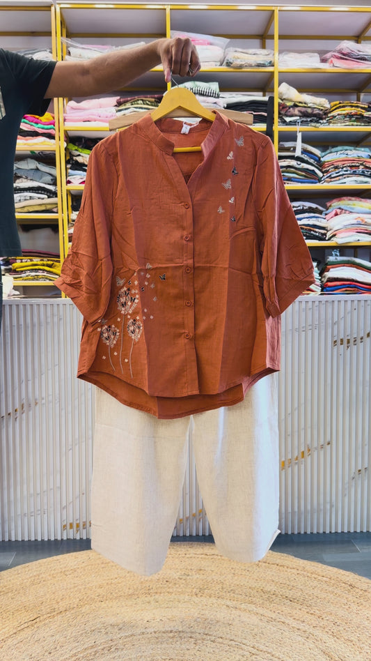 RUST EMBROIDERY TOP WITH LINEN COMFORTABLE TROUSER PANT SET