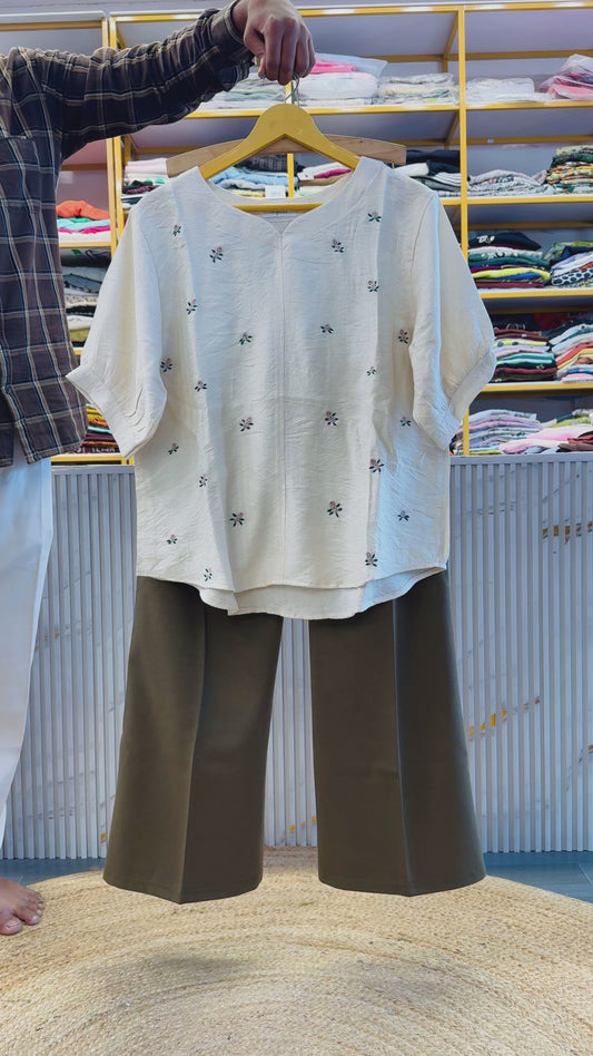 WHITE EMBROIDERY TOP WITH BELL BOTTOM COMFORTABLE TROUSER PANT SET