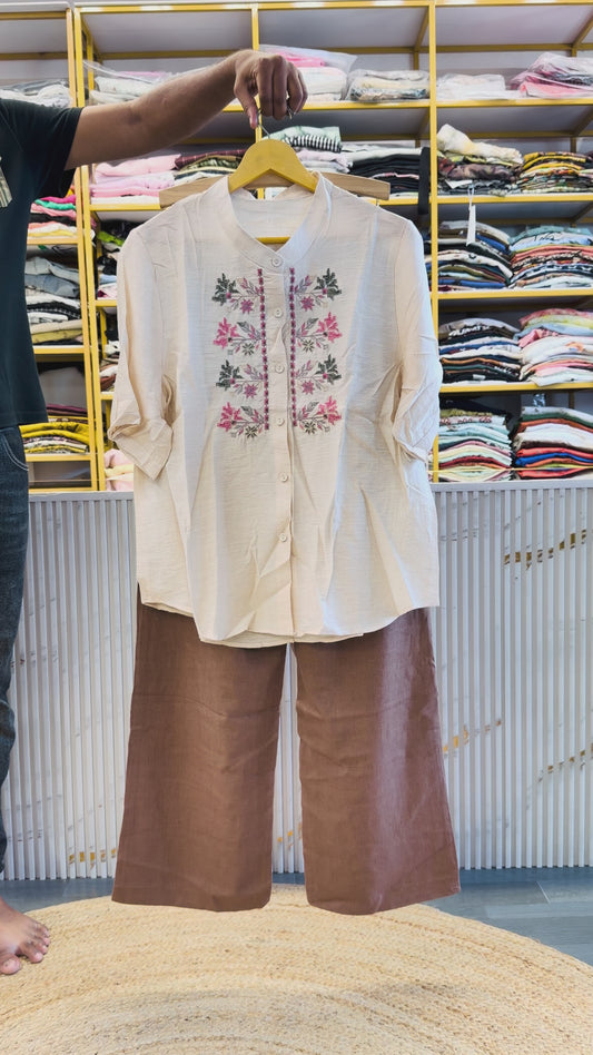 COTTON VISCOUS EMBROIDERY SHIRT CUM TOP WITH LINEN COMFORTABLE TROUSER PANT SET