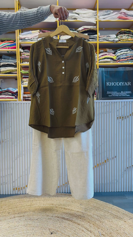 BROWN  EMBROIDERY TOP WITH COMFORTABLE LINEN PANT SET