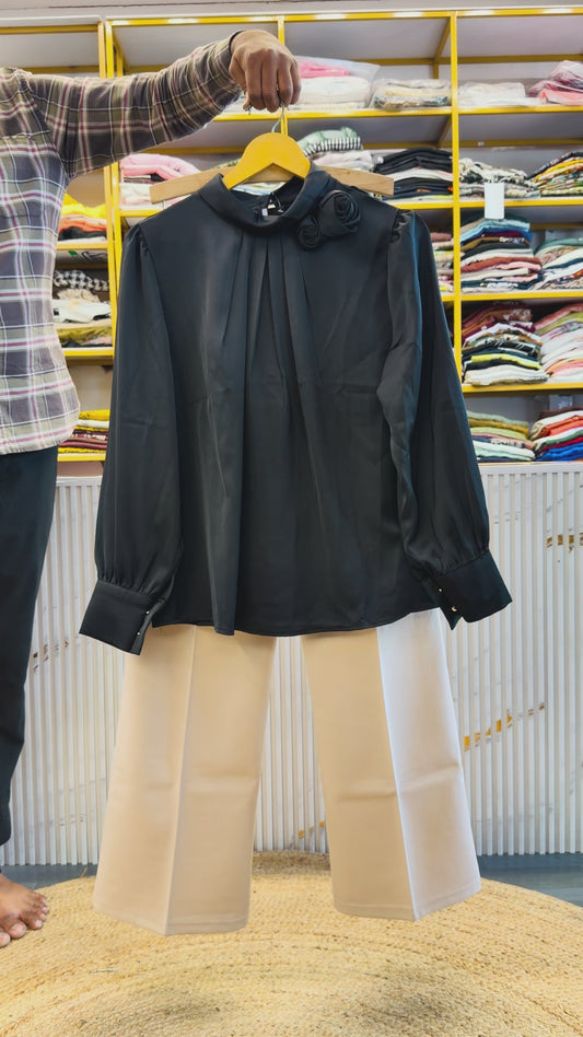 IMPORTED SATIN FORMAL TOP WITH BELL BOTTOM COMFORTABLE TROUSER PANT SET