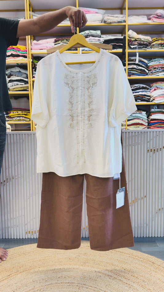 OFF WHITE EMBROIDERY TOP WITH LINEN COMFORTABLE TROUSER PANT SET