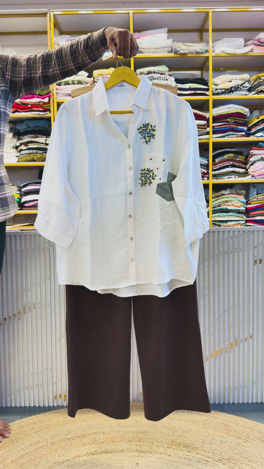 OFF WHITE EMBROIDERY SHIRT WITH COMFORTABLE TROUSER PANT SET