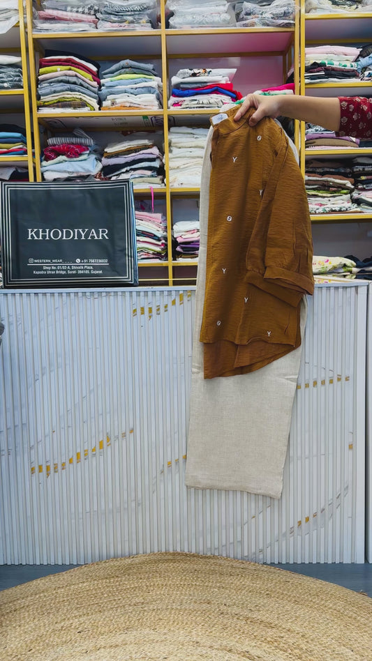 RUST  EMBROIDERY TOP WITH COMFORTABLE LINEN PANT SET
