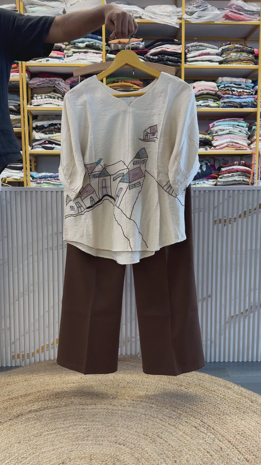 OFF WHITE  EMBROIDERY TOP WITH BELL BOTTOM COMFORTABLE TROUSER PANT SET