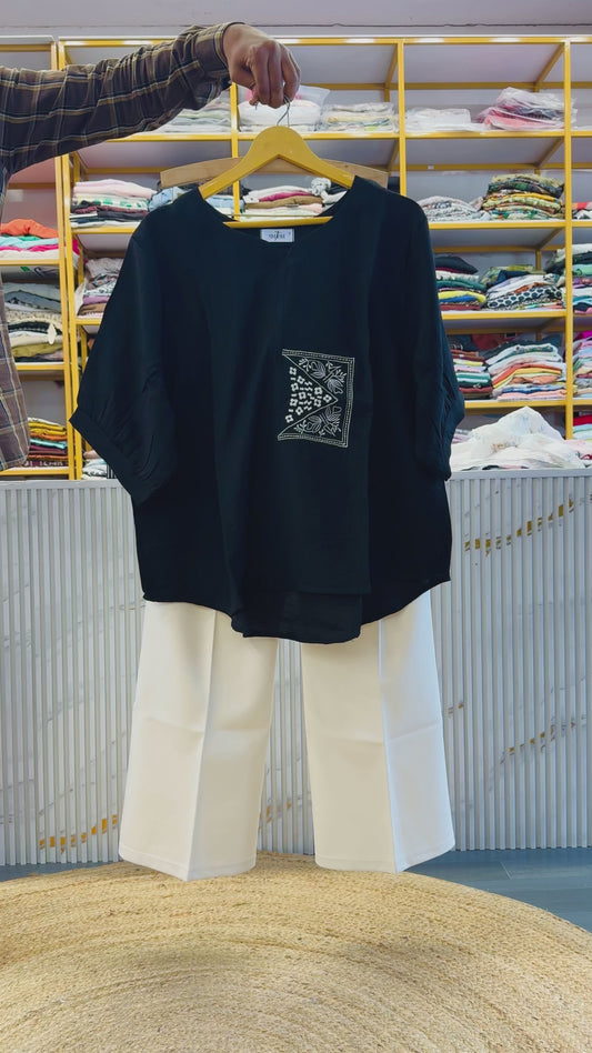 BLACK EMBROIDERY TOP WITH BELL BOTTOM COMFORTABLE TROUSER PANT SET