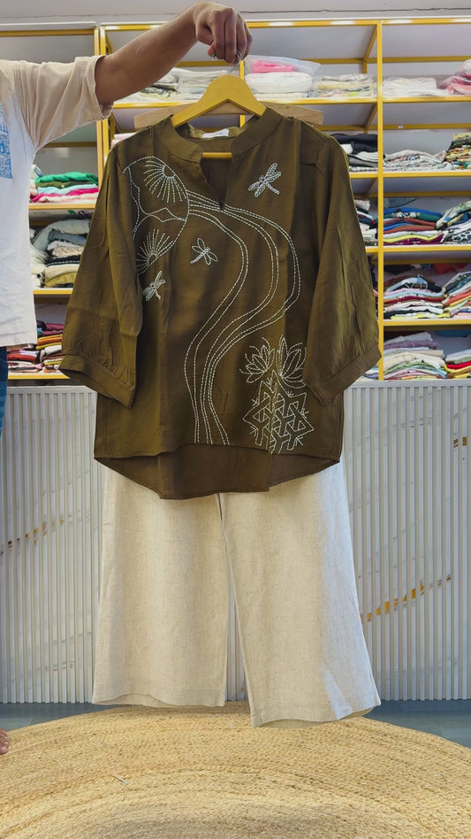 LIGHT BROWN EMBROIDERYTOP WITH LINEN COMFORTABLE TROUSER PANT SET
