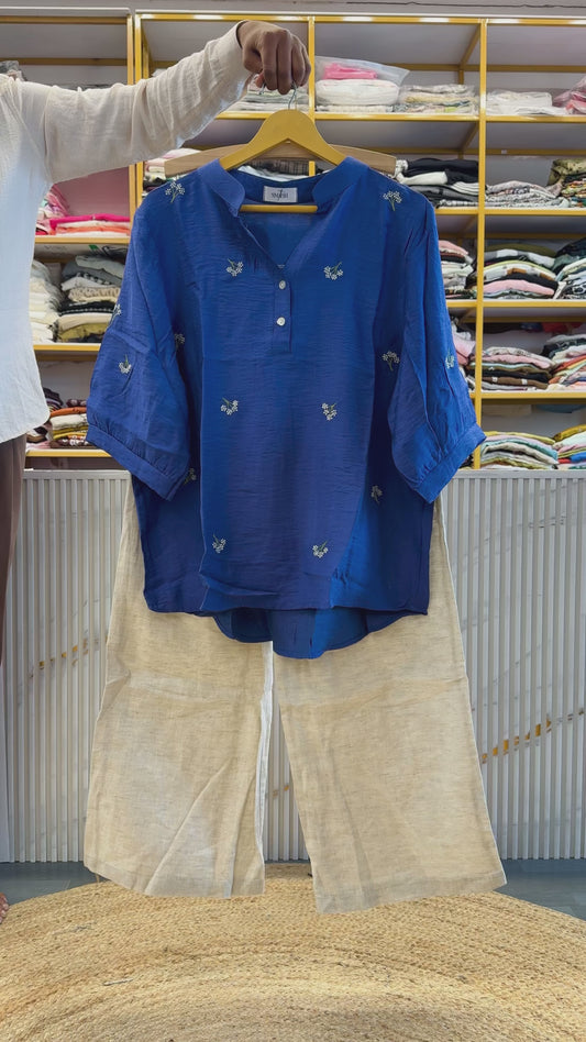 LIGHT ROYAL BLUE  EMBROIDERY TOP WITH COMFORTABLE LINEN PANT SET