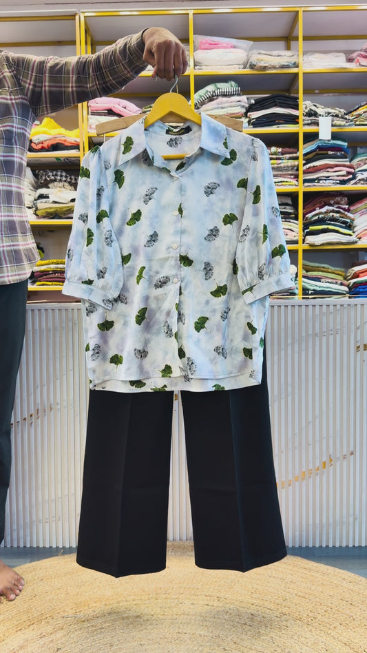 SATIN PRINTED SHIRT WITH BELL BOTTOM COMFORTABLE TROUSER PANT SET