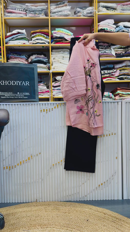 PINK EMBROIDERY TOP WITH BELL BOTTOM COMFORTABLE TROUSER PANT SET