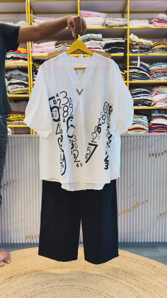 WHITE PRINT TOP WITH LINEN COMFORTABLE TROUSER PANT SET