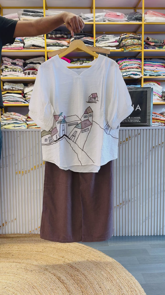 WHITE  EMBROIDERY TOP WITH LINEN COMFORTABLE TROUSER PANT SET